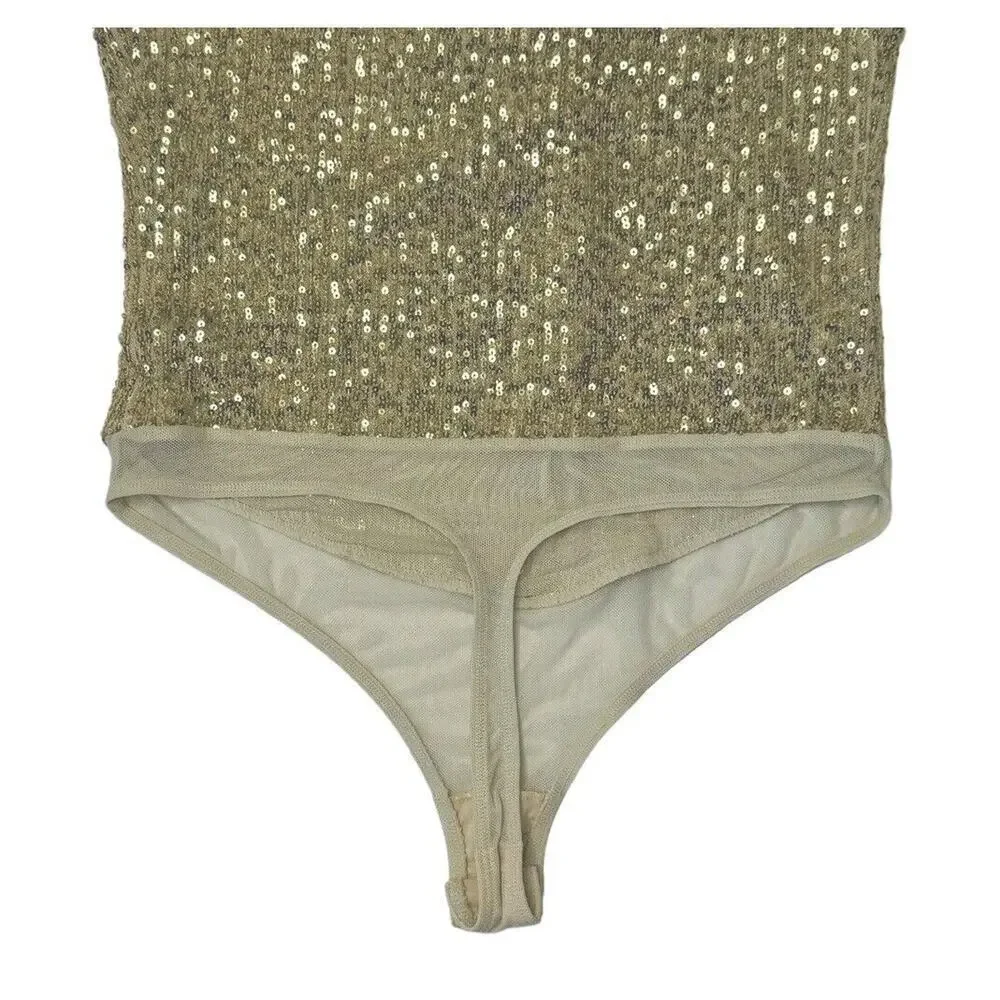 INTIMATELY FREE PEOPLE Sparks Fly Iridescent Gold Shimmery Sequin Bodysuit Sz M - Picture 9 of 12